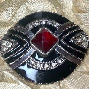 VTG Silver Marcasite Brooch Red & Black Art Deco